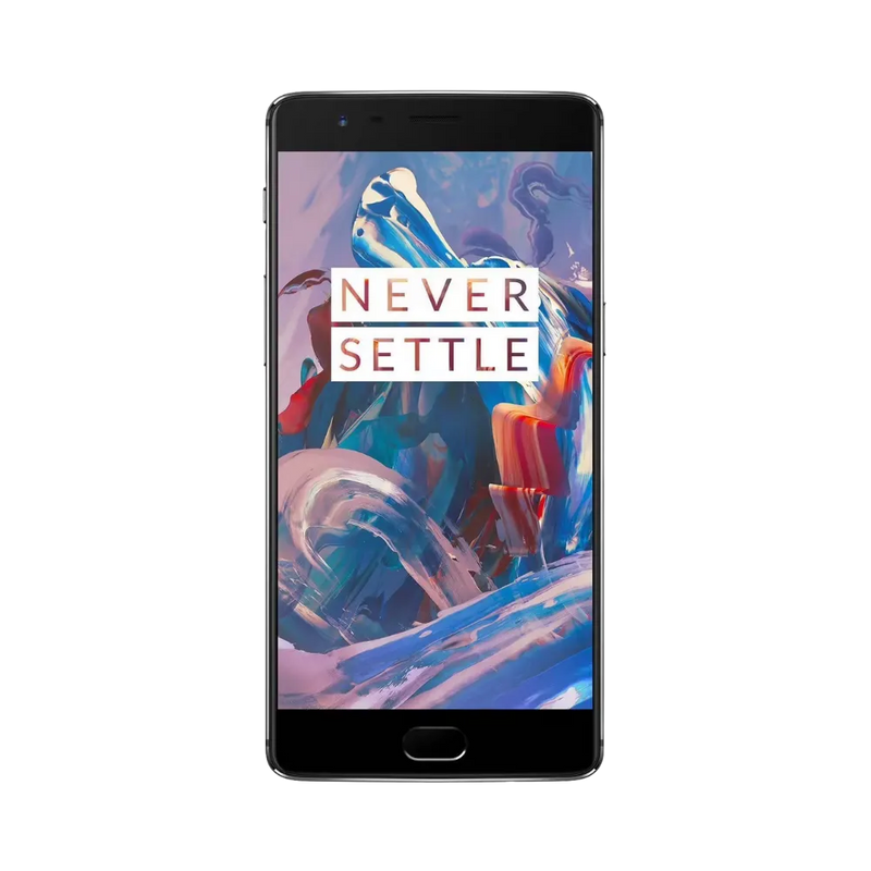 Réparation OnePlus 3 iTelier Lyon – téléphone présenté de face en position verticale, écran allumé avec fond coloré marqué Never Settle, idéal pour réparation écran, diagnostic offert et changement batterie rapide.