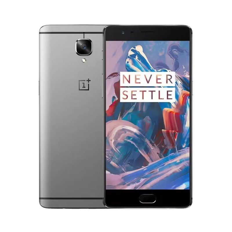 Réparation OnePlus 3 iTelier Lyon – smartphone affiché avec écran avant allumé en position verticale et dos gris métallique visible à gauche avec simple capteur photo central, optimisé pour remplacement écran, batterie et diagnostic gratuit.
