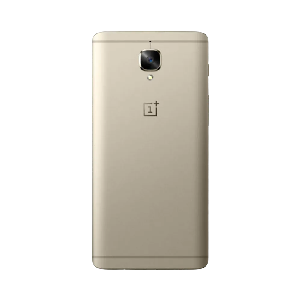 Réparation OnePlus 3T iTelier Lyon – smartphone montré de dos en position verticale, coloris doré avec capteur photo et flash LED centrés, optimisé pour réparation vitre arrière, caméra et batterie.