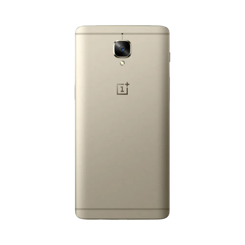Réparation OnePlus 3T iTelier Lyon – smartphone montré de dos en position verticale, coloris doré avec capteur photo et flash LED centrés, optimisé pour réparation vitre arrière, caméra et batterie.