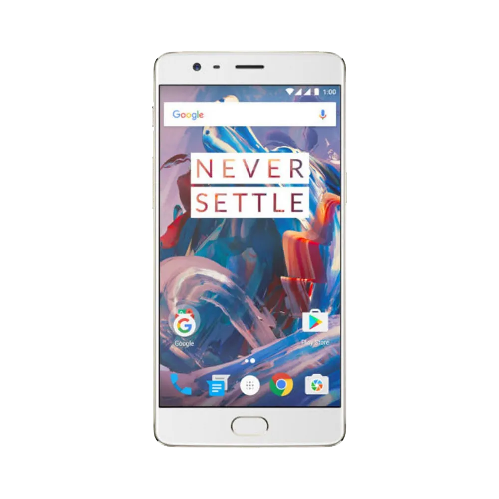 Réparation OnePlus 3T iTelier Lyon – téléphone présenté de face en position verticale, écran allumé avec fond coloré marqué Never Settle, idéal pour réparation écran, diagnostic offert et changement batterie rapide.