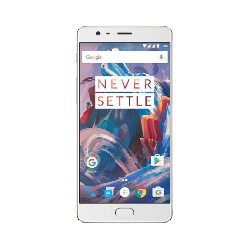 Réparation OnePlus 3T iTelier Lyon – téléphone présenté de face en position verticale, écran allumé avec fond coloré marqué Never Settle, idéal pour réparation écran, diagnostic offert et changement batterie rapide.