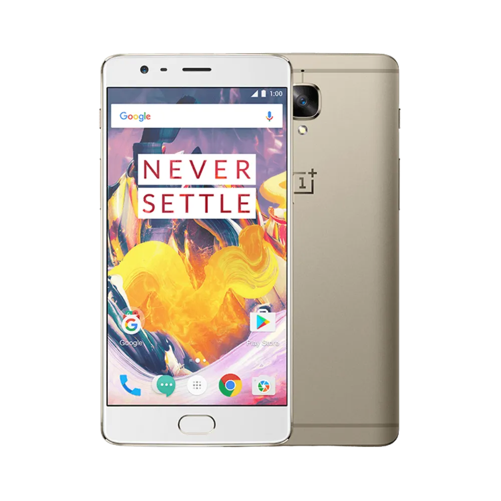 Réparation OnePlus 3T iTelier Lyon – smartphone affiché avec écran avant allumé en position verticale et dos doré visible à gauche avec simple capteur photo central, optimisé pour remplacement écran, batterie et diagnostic gratuit.