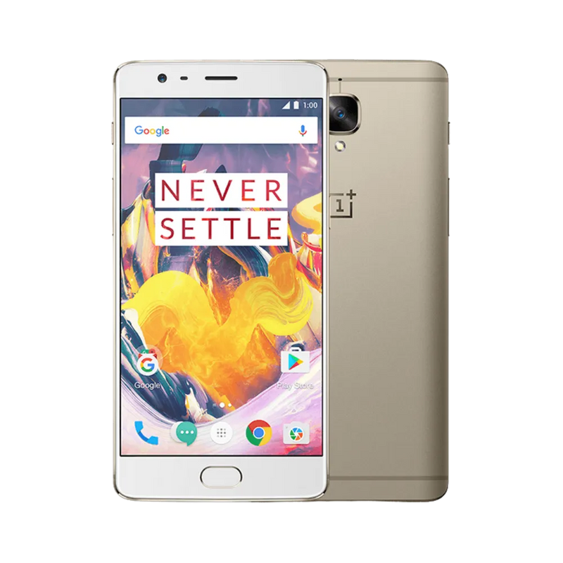 Réparation OnePlus 3T iTelier Lyon – smartphone affiché avec écran avant allumé en position verticale et dos doré visible à gauche avec simple capteur photo central, optimisé pour remplacement écran, batterie et diagnostic gratuit.
