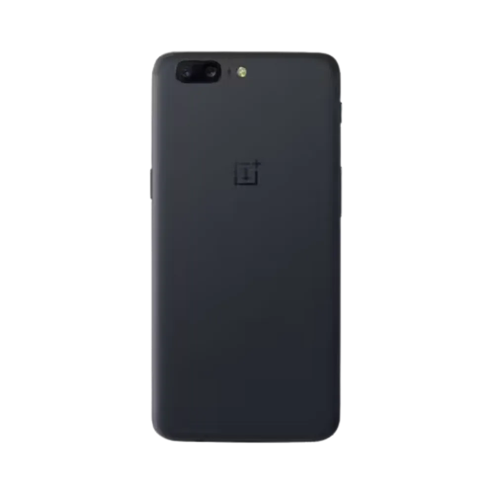 Réparation OnePlus 5 iTelier Lyon – smartphone montré de dos en position verticale, coloris gris foncé avec double capteur photo horizontal et logo OnePlus centré, optimisé pour réparation vitre arrière, caméra et batterie.