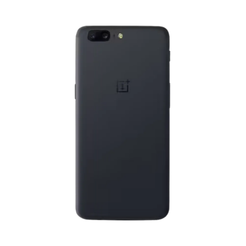 Réparation OnePlus 5 iTelier Lyon – smartphone montré de dos en position verticale, coloris gris foncé avec double capteur photo horizontal et logo OnePlus centré, optimisé pour réparation vitre arrière, caméra et batterie.