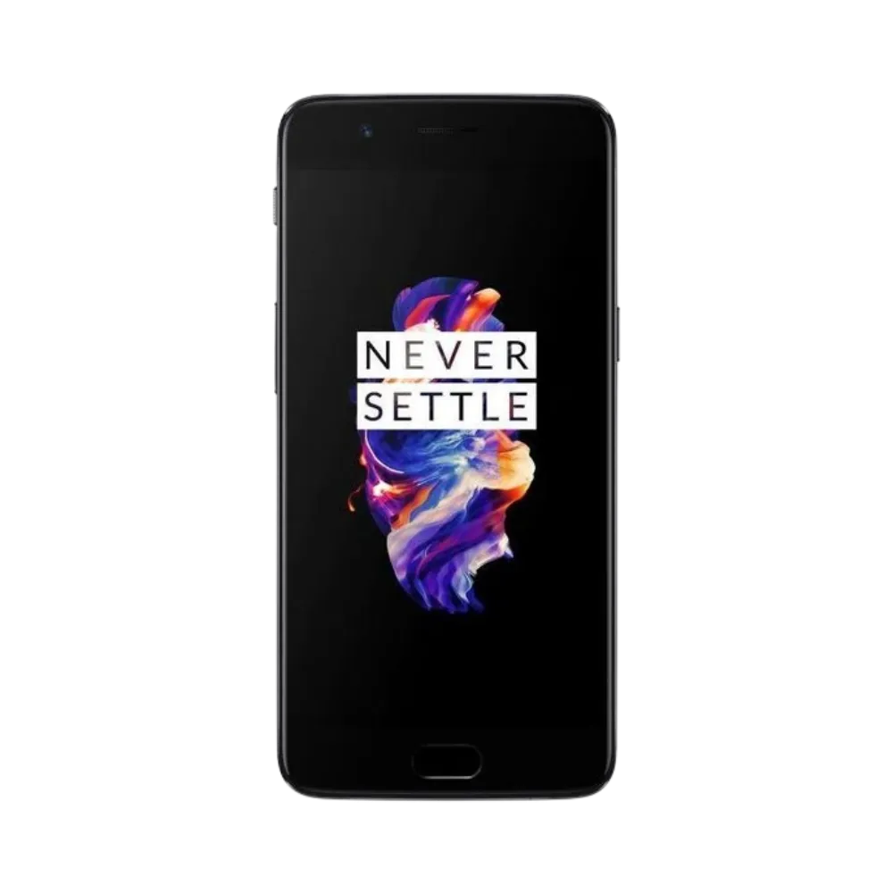 Réparation OnePlus 5 iTelier Lyon – téléphone présenté de face en position verticale, écran allumé avec fond sombre et logo Never Settle, idéal pour réparation écran, diagnostic offert et changement batterie rapide.