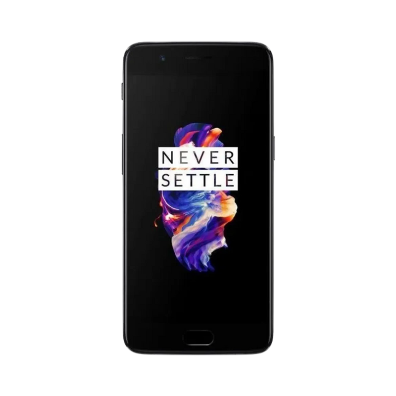 Réparation OnePlus 5 iTelier Lyon – téléphone présenté de face en position verticale, écran allumé avec fond sombre et logo Never Settle, idéal pour réparation écran, diagnostic offert et changement batterie rapide.