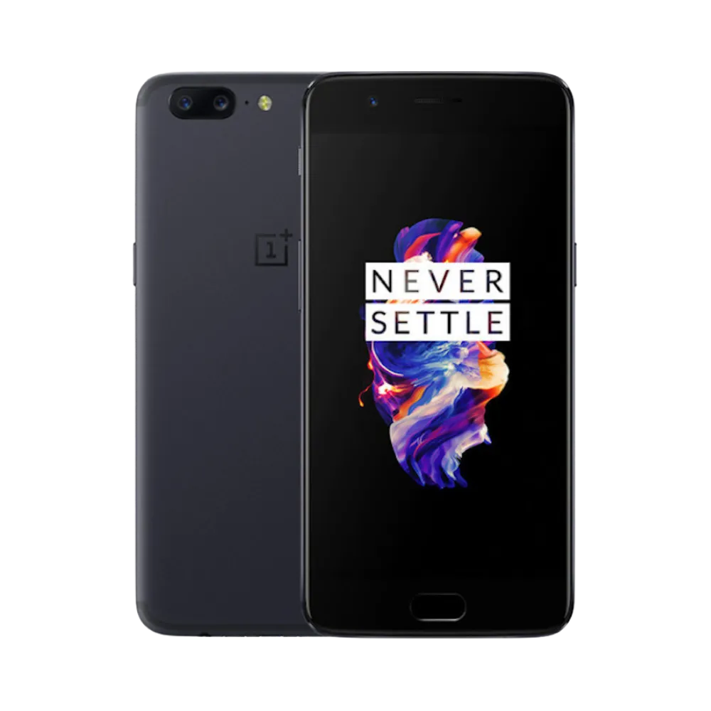 Réparation OnePlus 5 iTelier Lyon – smartphone affiché avec écran avant allumé en position verticale et dos gris foncé visible à gauche avec double capteur photo horizontal, optimisé pour remplacement écran, batterie et diagnostic gratuit.