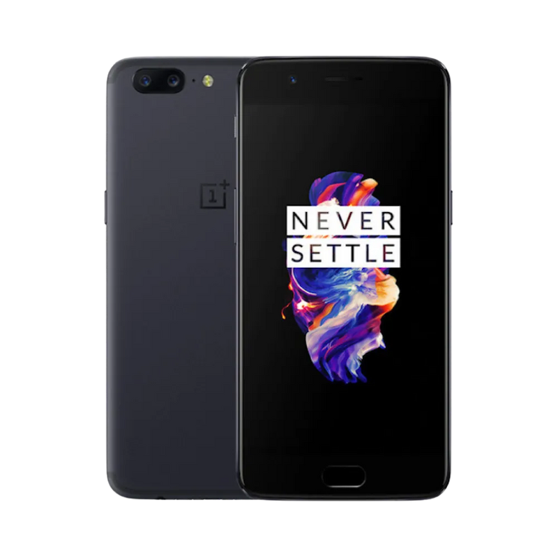 Réparation OnePlus 5 iTelier Lyon – smartphone affiché avec écran avant allumé en position verticale et dos gris foncé visible à gauche avec double capteur photo horizontal, optimisé pour remplacement écran, batterie et diagnostic gratuit.