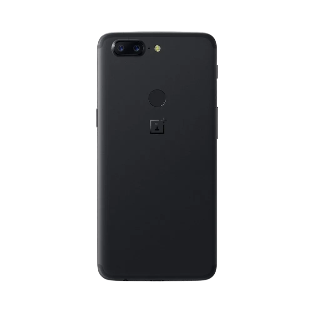 Réparation OnePlus 5T iTelier Lyon – smartphone montré de dos en position verticale, coloris noir mat avec double capteur photo horizontal et lecteur d’empreintes, optimisé pour réparation vitre arrière, caméra et batterie.