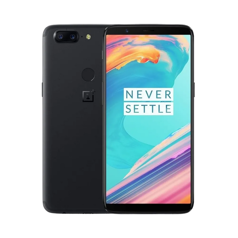 Réparation OnePlus 5T iTelier Lyon – smartphone affiché avec écran avant allumé en position verticale et dos noir mat visible à gauche avec double capteur photo horizontal, optimisé pour remplacement écran, batterie et diagnostic gratuit.