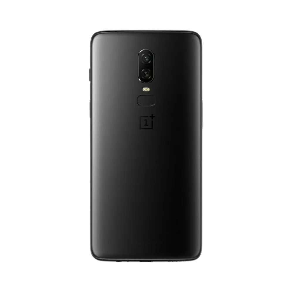 Réparation OnePlus 6 iTelier Lyon – smartphone montré de dos en position verticale, coloris noir mat avec double capteur photo vertical centré et lecteur d’empreintes, optimisé pour réparation vitre arrière, caméra et batterie.