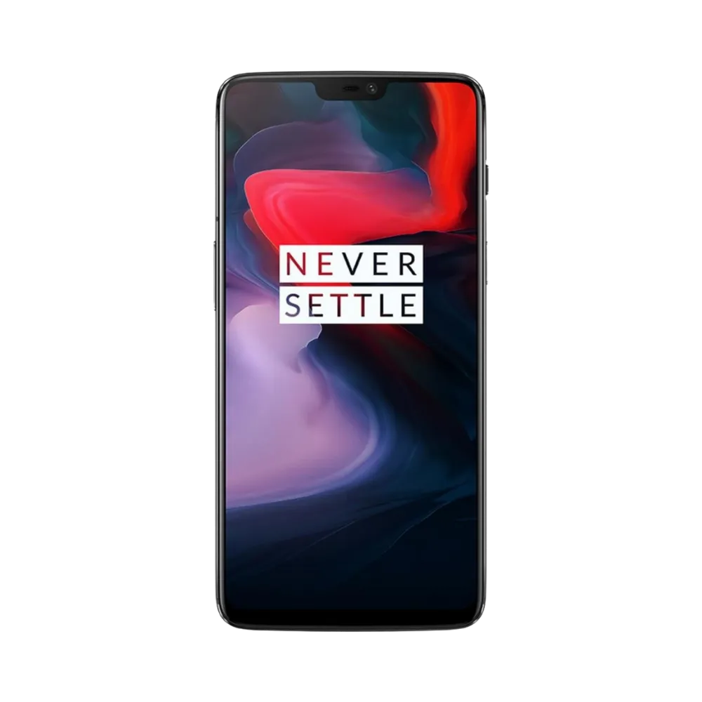 Réparation OnePlus 6 iTelier Lyon – téléphone présenté de face en position verticale, écran allumé avec fond sombre et logo Never Settle, idéal pour réparation écran, diagnostic offert et changement batterie rapide.