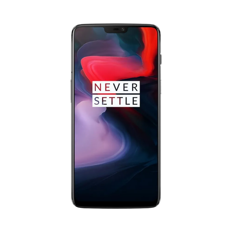 Réparation OnePlus 6 iTelier Lyon – téléphone présenté de face en position verticale, écran allumé avec fond sombre et logo Never Settle, idéal pour réparation écran, diagnostic offert et changement batterie rapide.