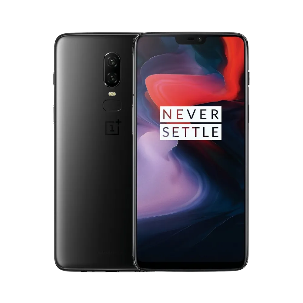 Réparation OnePlus 6 iTelier Lyon – smartphone affiché avec écran avant allumé en position verticale et dos noir mat visible à gauche avec double capteur photo vertical centré, optimisé pour remplacement écran, batterie et diagnostic gratuit.
