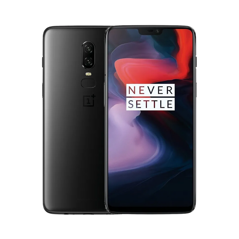 Réparation OnePlus 6 iTelier Lyon – smartphone affiché avec écran avant allumé en position verticale et dos noir mat visible à gauche avec double capteur photo vertical centré, optimisé pour remplacement écran, batterie et diagnostic gratuit.