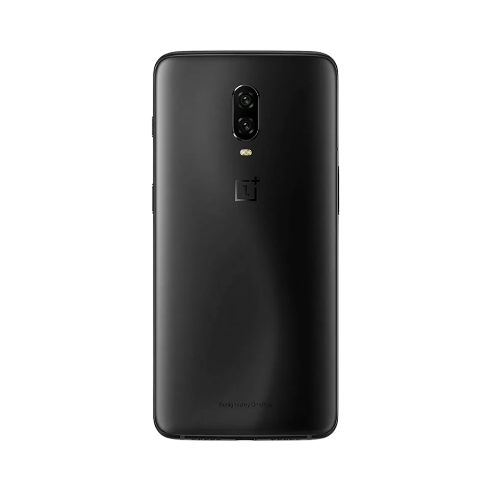 Réparation OnePlus 6T iTelier Lyon – smartphone montré de dos en position verticale, coloris noir mat avec double capteur photo vertical et logo OnePlus, optimisé pour réparation vitre arrière, caméra et batterie.