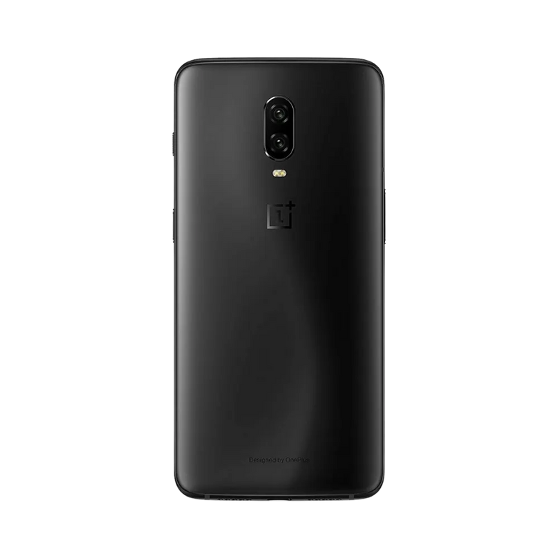 Réparation OnePlus 6T iTelier Lyon – smartphone montré de dos en position verticale, coloris noir mat avec double capteur photo vertical et logo OnePlus, optimisé pour réparation vitre arrière, caméra et batterie.