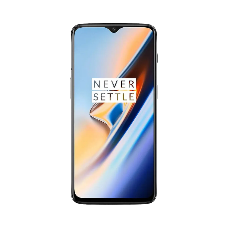Réparation OnePlus 6T iTelier Lyon – téléphone présenté de face en position verticale, écran allumé avec fond clair marqué Never Settle, idéal pour réparation écran, diagnostic offert et changement batterie rapide.