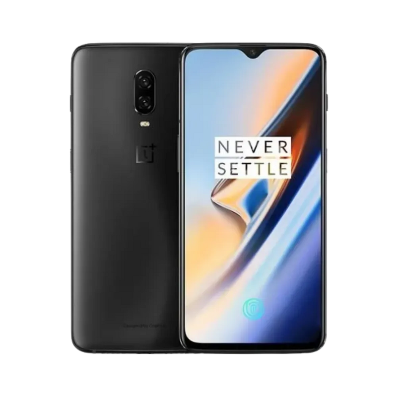 Réparation OnePlus 6T iTelier Lyon – smartphone affiché avec écran avant allumé en position verticale et dos noir mat visible à gauche avec double capteur photo vertical, optimisé pour remplacement écran, batterie et diagnostic gratuit.
