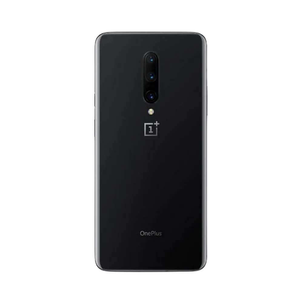 Réparation OnePlus 7 Pro iTelier Lyon – smartphone montré de dos en position verticale, coloris noir avec triple capteur photo vertical centré, optimisé pour réparation vitre arrière, caméra et batterie.