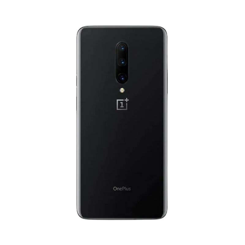 Réparation OnePlus 7 Pro iTelier Lyon – smartphone montré de dos en position verticale, coloris noir avec triple capteur photo vertical centré, optimisé pour réparation vitre arrière, caméra et batterie.