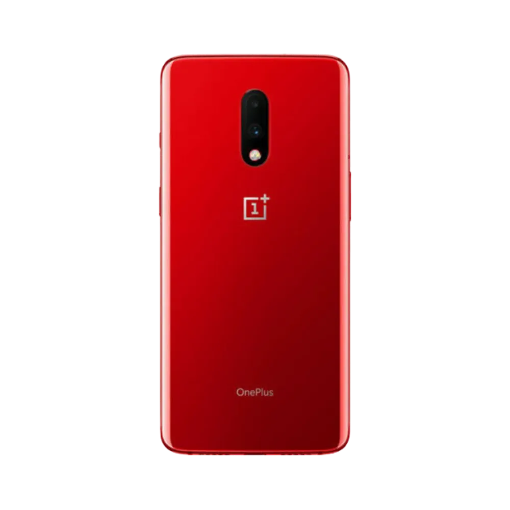 Réparation OnePlus 7 iTelier Lyon – smartphone montré de dos en position verticale, coloris rouge brillant avec double capteur photo vertical et flash LED, optimisé pour réparation vitre arrière, caméra et batterie.