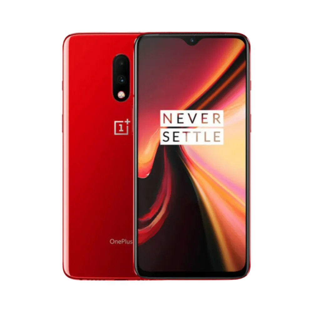 Réparation OnePlus 7 iTelier Lyon – smartphone affiché avec écran avant allumé en position verticale et dos rouge brillant visible à gauche avec double capteur photo vertical, optimisé pour remplacement écran, batterie et diagnostic gratuit.