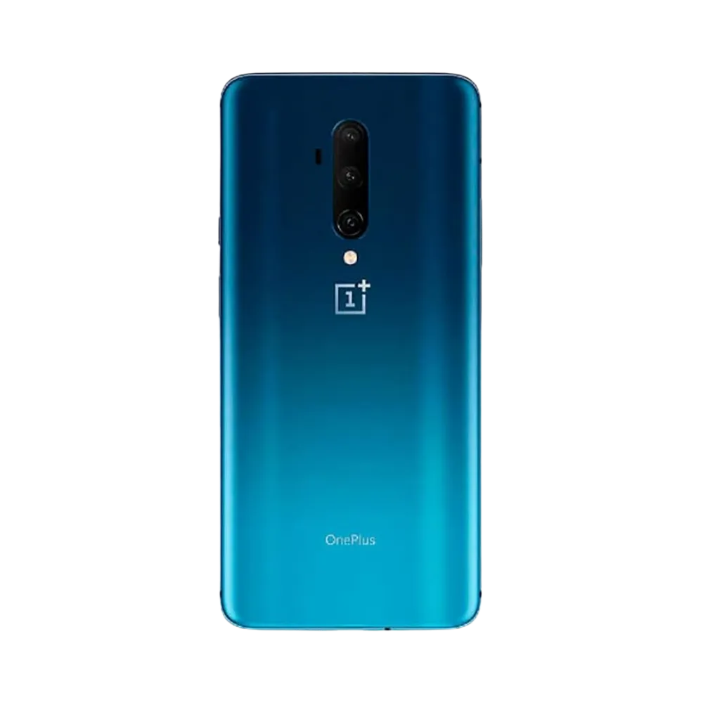 Réparation OnePlus 7T Pro iTelier Lyon – smartphone montré de dos en position verticale, coloris bleu dégradé avec triple capteur photo vertical, optimisé pour réparation vitre arrière, caméra et batterie.