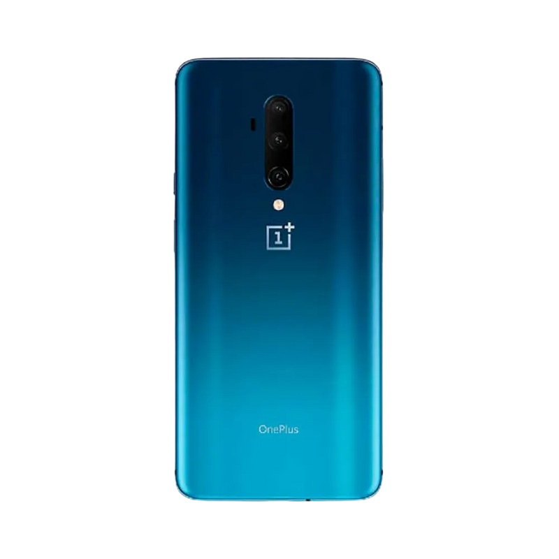 Réparation OnePlus 7T Pro iTelier Lyon – smartphone montré de dos en position verticale, coloris bleu dégradé avec triple capteur photo vertical, optimisé pour réparation vitre arrière, caméra et batterie.