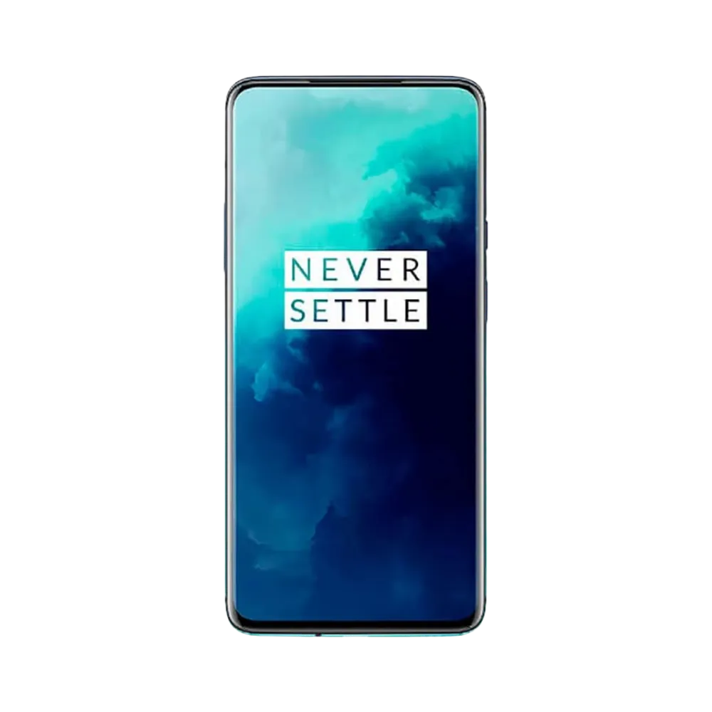Réparation OnePlus 7T Pro iTelier Lyon – téléphone présenté de face en position verticale, écran allumé avec fond bleu marqué Never Settle, idéal pour réparation écran, diagnostic offert et changement batterie rapide.
