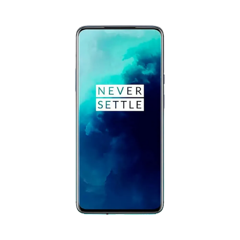 Réparation OnePlus 7T Pro iTelier Lyon – téléphone présenté de face en position verticale, écran allumé avec fond bleu marqué Never Settle, idéal pour réparation écran, diagnostic offert et changement batterie rapide.