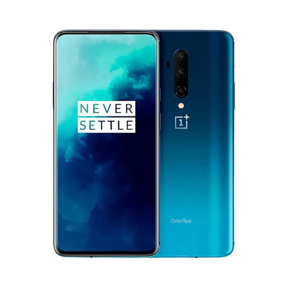 Réparation OnePlus 7T Pro iTelier Lyon – smartphone affiché avec écran avant allumé en position verticale et dos bleu dégradé visible à gauche avec triple capteur photo vertical, optimisé pour remplacement écran, batterie et diagnostic gratuit.