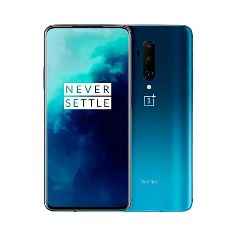 Réparation OnePlus 7T Pro iTelier Lyon – smartphone affiché avec écran avant allumé en position verticale et dos bleu dégradé visible à gauche avec triple capteur photo vertical, optimisé pour remplacement écran, batterie et diagnostic gratuit.