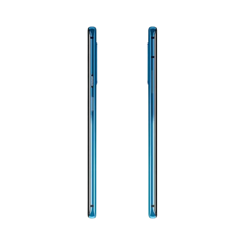 Réparation OnePlus 7T Pro iTelier Lyon – smartphone affiché de profil gauche et droit en position verticale, finesse et boutons latéraux visibles, adapté aux réparations bouton power, volume et remplacement connecteur de charge.