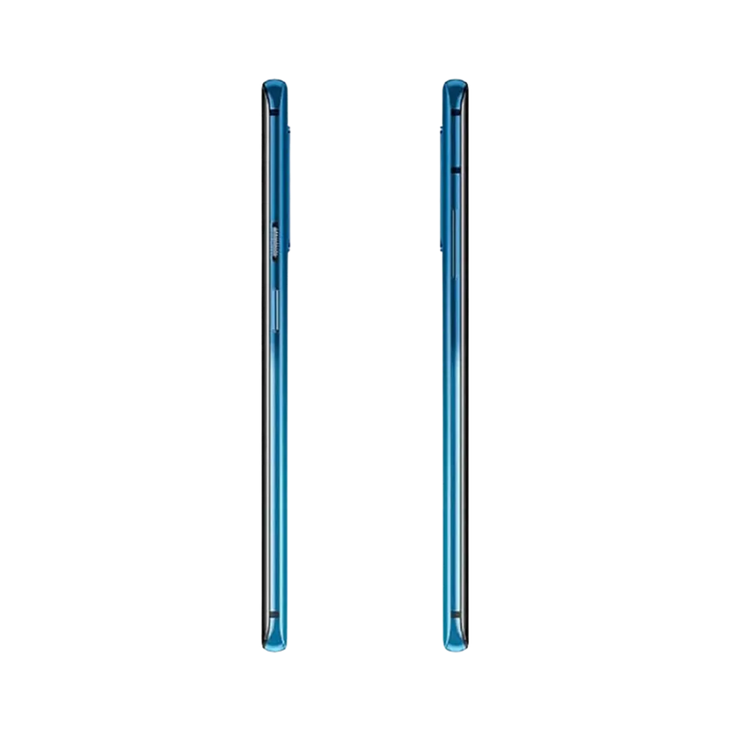 Réparation OnePlus 7T Pro iTelier Lyon – smartphone affiché de profil gauche et droit en position verticale, finesse et boutons latéraux visibles, adapté aux réparations bouton power, volume et remplacement connecteur de charge.