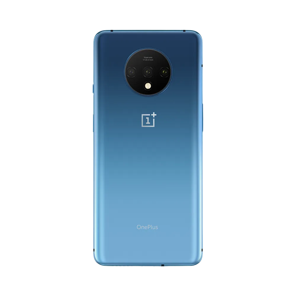 Réparation OnePlus 7T iTelier Lyon – smartphone montré de dos en position verticale, coloris bleu dégradé avec triple capteur photo circulaire, optimisé pour réparation vitre arrière, caméra et batterie.