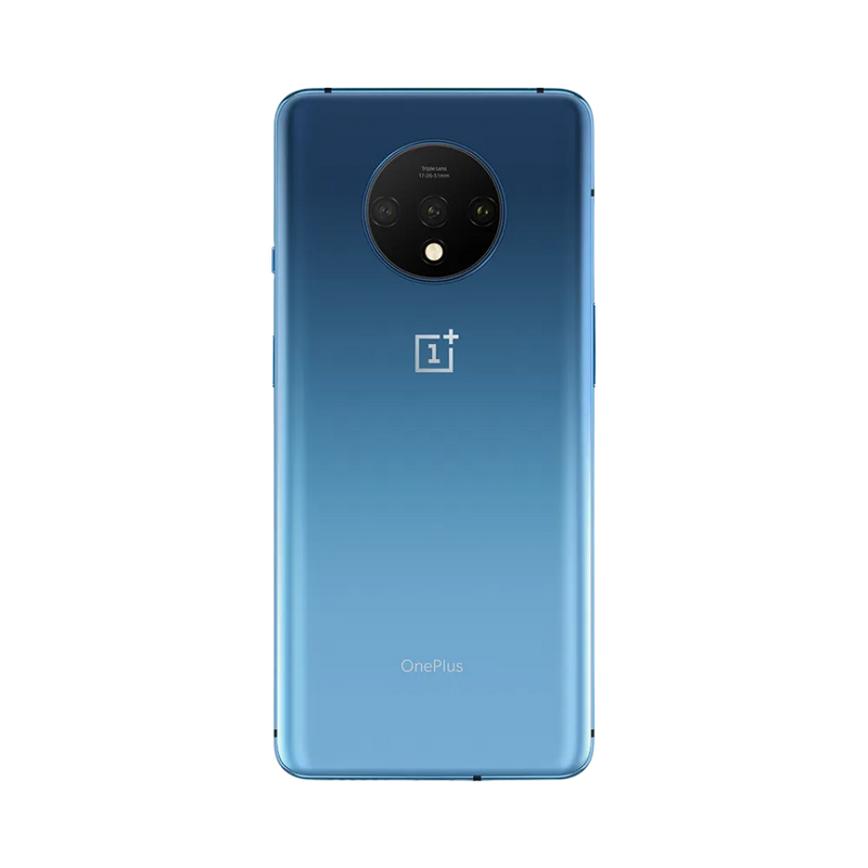 Réparation OnePlus 7T iTelier Lyon – smartphone montré de dos en position verticale, coloris bleu dégradé avec triple capteur photo circulaire, optimisé pour réparation vitre arrière, caméra et batterie.
