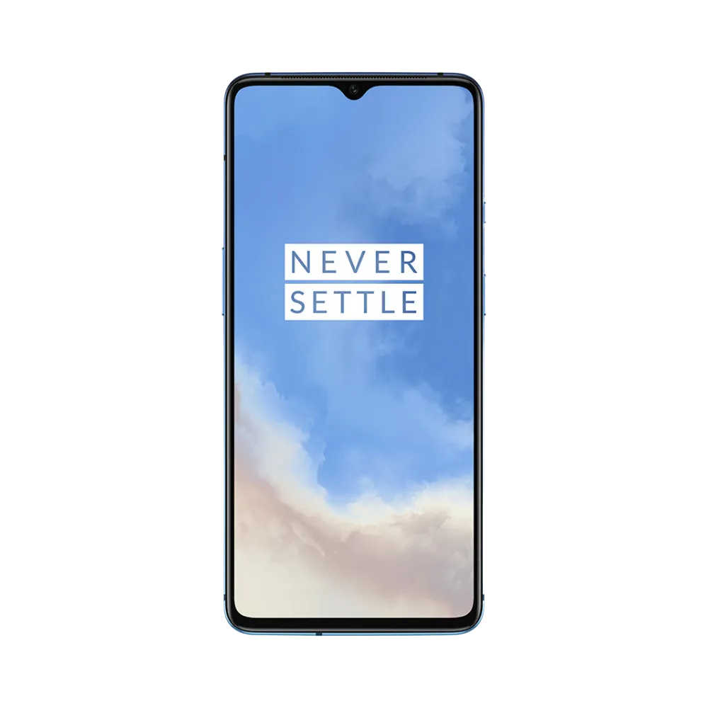 Réparation OnePlus 7T iTelier Lyon – téléphone présenté de face en position verticale, écran allumé avec fond clair marqué Never Settle, idéal pour réparation écran, diagnostic offert et changement batterie rapide.