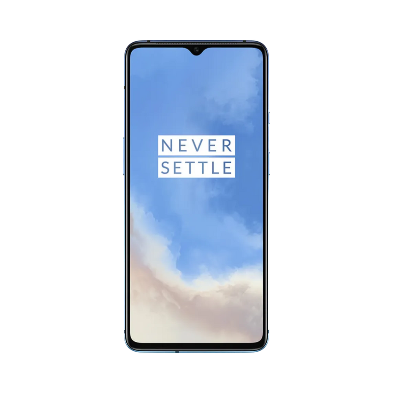 Réparation OnePlus 7T iTelier Lyon – téléphone présenté de face en position verticale, écran allumé avec fond clair marqué Never Settle, idéal pour réparation écran, diagnostic offert et changement batterie rapide.