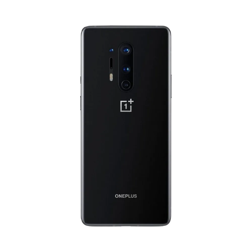 Réparation OnePlus 8 Pro iTelier Lyon – smartphone montré de dos en position verticale, coloris noir mat avec quadruple capteur photo vertical et flash LED, optimisé pour réparation vitre arrière, caméra et batterie.