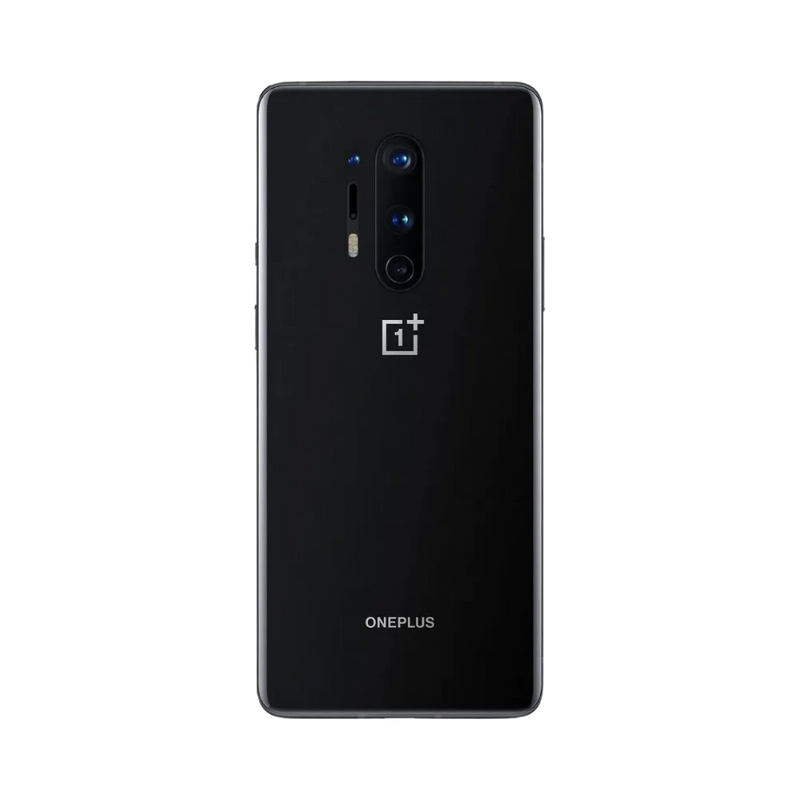 Réparation OnePlus 8 Pro iTelier Lyon – smartphone montré de dos en position verticale, coloris noir mat avec quadruple capteur photo vertical et flash LED, optimisé pour réparation vitre arrière, caméra et batterie.