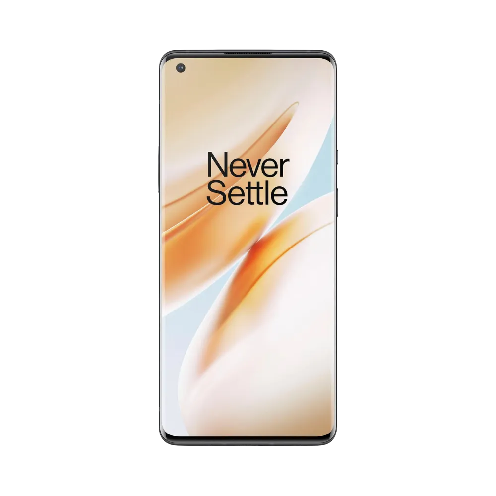 Réparation OnePlus 8 Pro iTelier Lyon – téléphone présenté de face en position verticale, écran allumé avec fond beige marqué Never Settle, idéal pour réparation écran, diagnostic offert et changement batterie rapide.