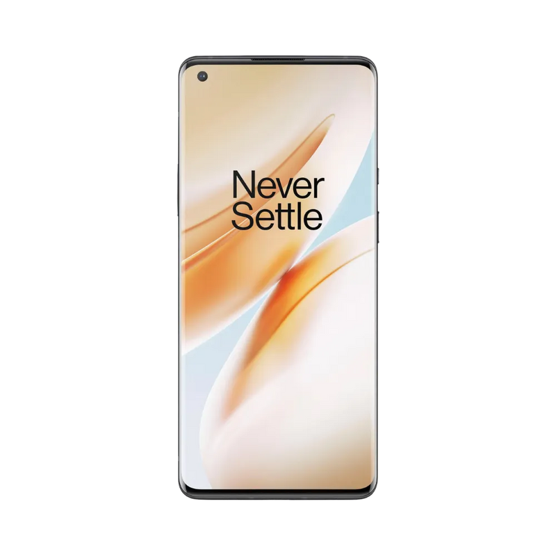 Réparation OnePlus 8 Pro iTelier Lyon – téléphone présenté de face en position verticale, écran allumé avec fond beige marqué Never Settle, idéal pour réparation écran, diagnostic offert et changement batterie rapide.