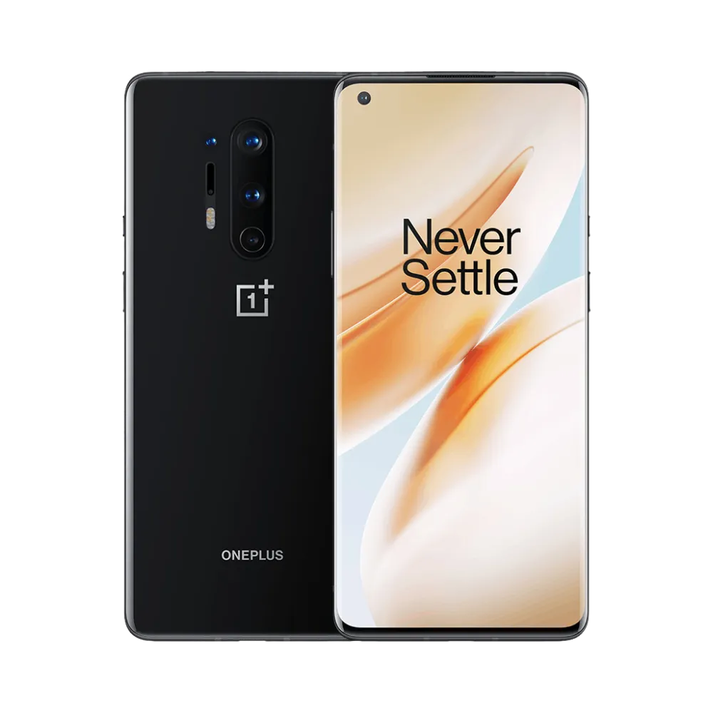 Réparation OnePlus 8 Pro iTelier Lyon – smartphone affiché avec écran avant allumé en position verticale et dos noir mat visible à gauche avec quadruple capteur photo vertical, optimisé pour remplacement écran, batterie et diagnostic gratuit.