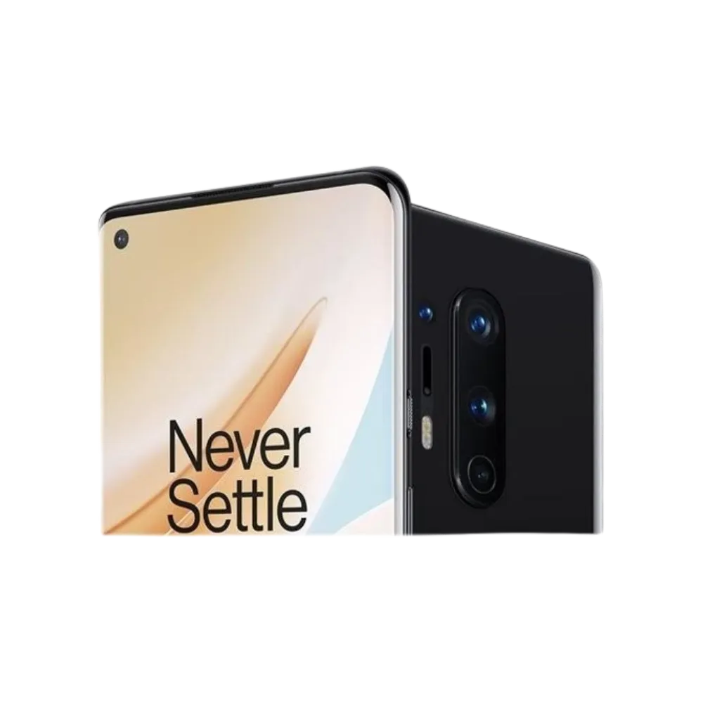 Réparation OnePlus 8 Pro iTelier Lyon – smartphone affiché en légère inclinaison trois quarts, mettant en valeur l’écran lumineux incurvé et la finesse du design, adapté pour réparation écran, batterie et diagnostic complet.