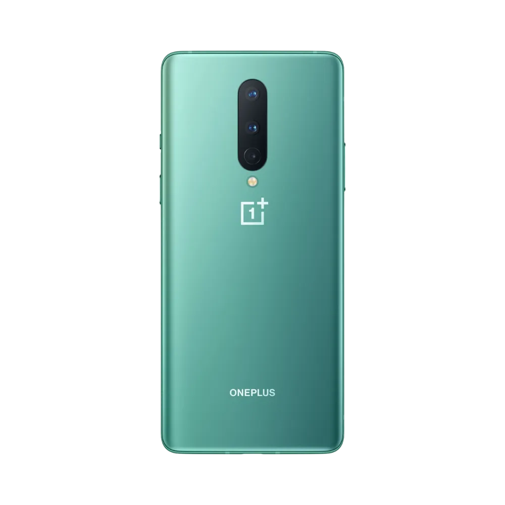 Réparation OnePlus 8 iTelier Lyon – smartphone montré de dos en position verticale, coloris vert clair avec triple capteur photo vertical et logo OnePlus, optimisé pour réparation vitre arrière, caméra et batterie.