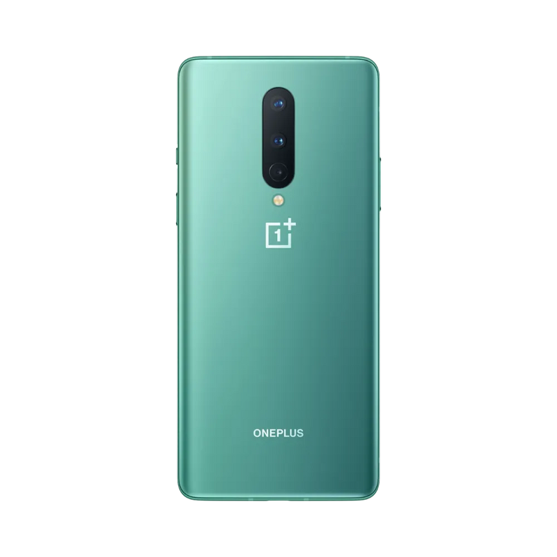 Réparation OnePlus 8 iTelier Lyon – smartphone montré de dos en position verticale, coloris vert clair avec triple capteur photo vertical et logo OnePlus, optimisé pour réparation vitre arrière, caméra et batterie.
