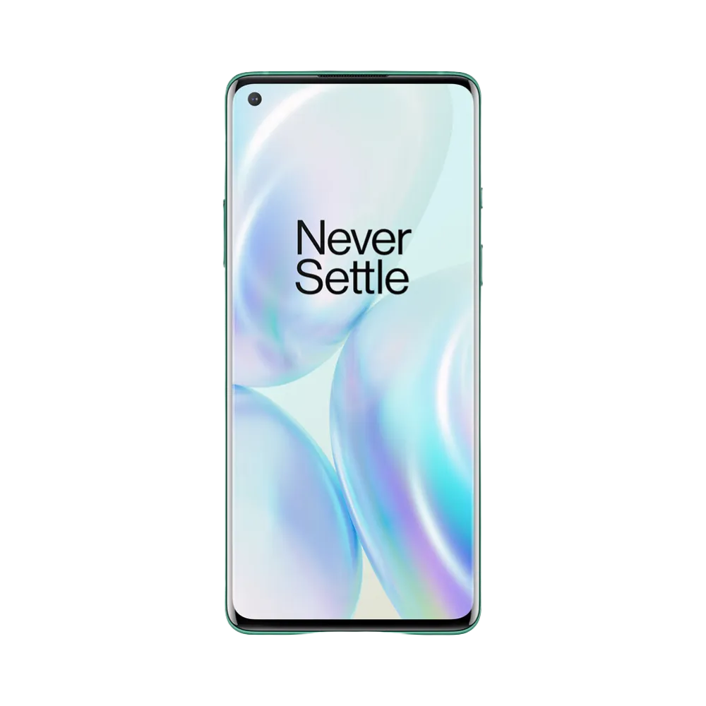 Réparation OnePlus 8 iTelier Lyon – téléphone présenté de face en position verticale, écran allumé avec fond clair marqué Never Settle, idéal pour réparation écran, diagnostic offert et changement batterie rapide.